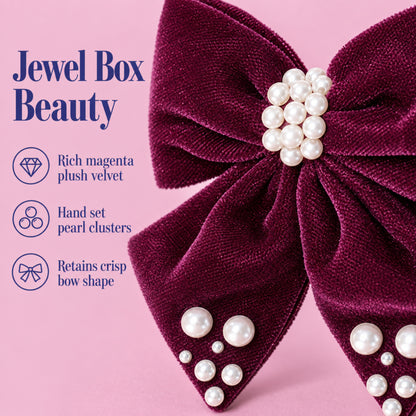 Velvet bow with pearl detailing on alligator clip - Magenta