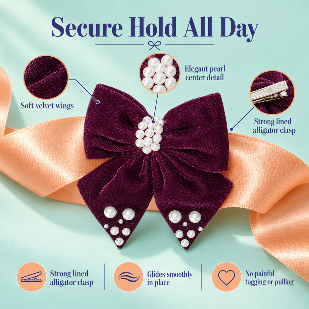 Velvet bow with pearl detailing on alligator clip - Magenta