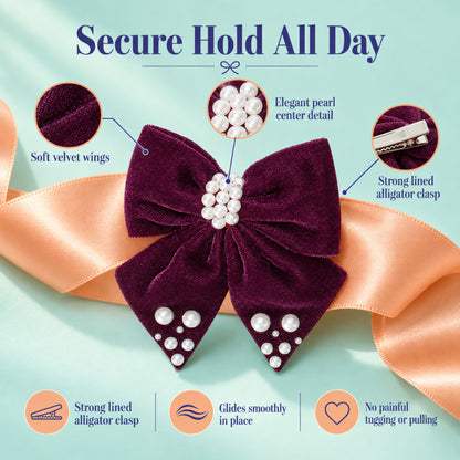 Velvet bow with pearl detailing on alligator clip - Magenta