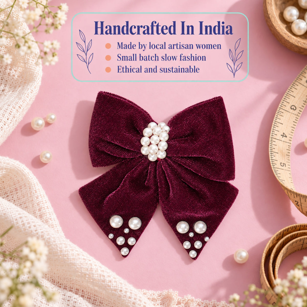 Velvet bow with pearl detailing on alligator clip - Magenta