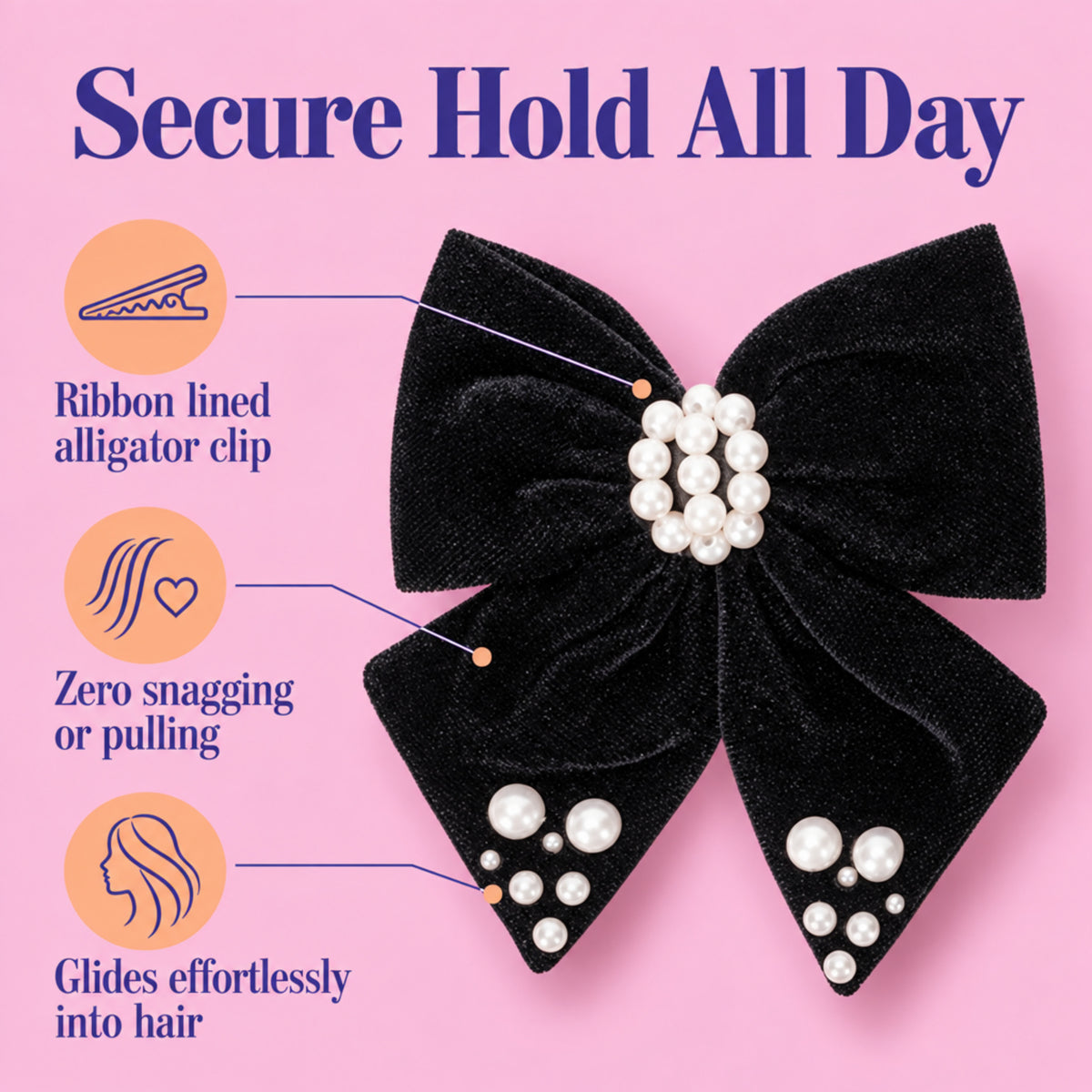 Velvet bow with pearl detailing on alligator clip - Black
