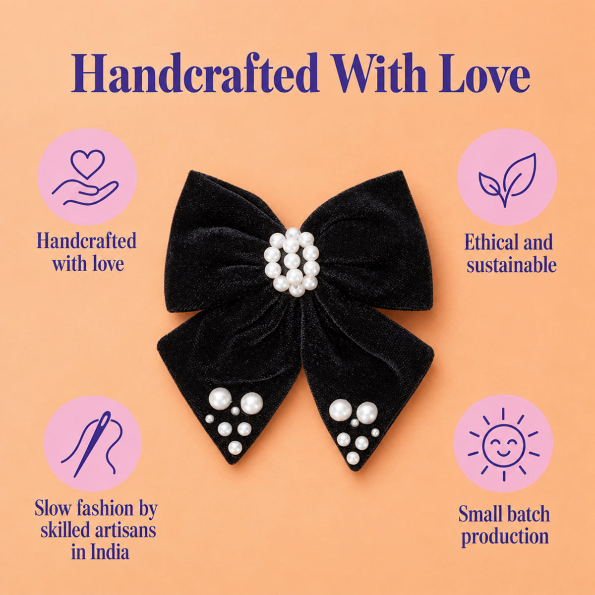 Velvet bow with pearl detailing on alligator clip - Black