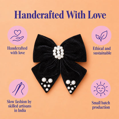 Velvet bow with pearl detailing on alligator clip - Black