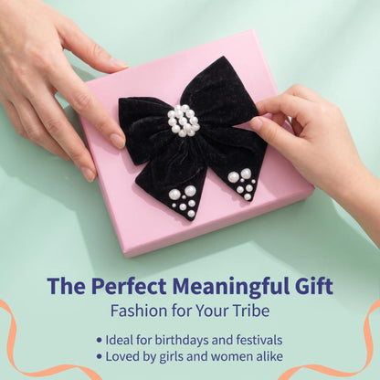 Velvet bow with pearl detailing on alligator clip - Black