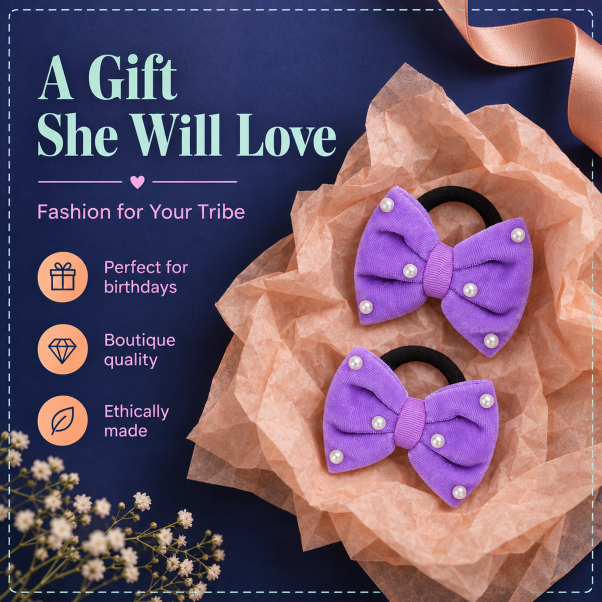 Velvet bow on rubberbands with pearls - Lilac