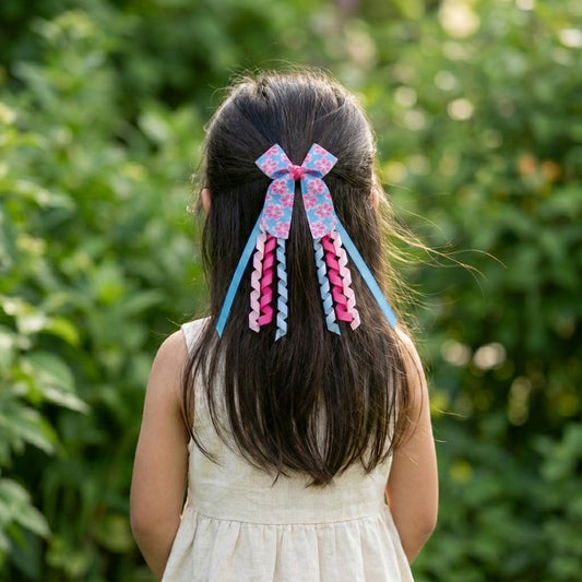 Printed Bow with Danglers Alligator Pin – Blue, Pink