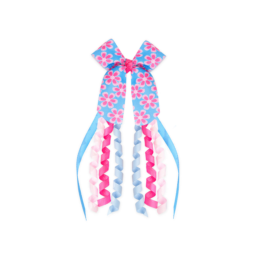 Printed Bow with Danglers Alligator Pin – Blue, Pink