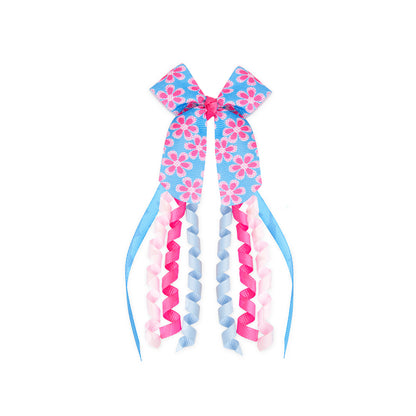 Printed Bow with Danglers Alligator Pin – Blue, Pink