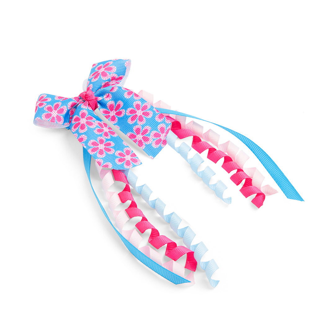 Printed Bow with Danglers Alligator Pin – Blue, Pink