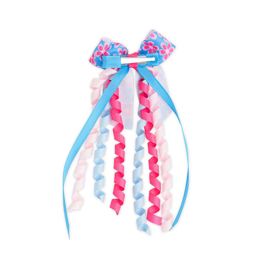 Printed Bow with Danglers Alligator Pin – Blue, Pink