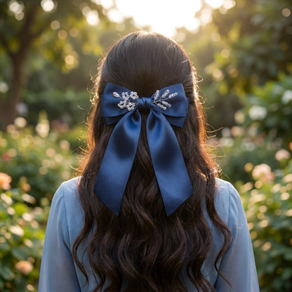 Satin Big Bow with Crystal Flowers on Barrette Clip – Navy Blue
