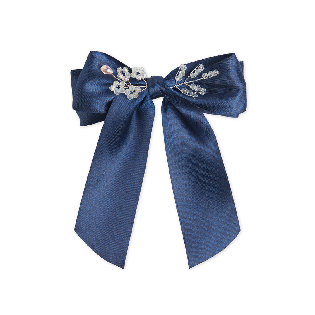 Satin Big Bow with Crystal Flowers on Barrette Clip – Navy Blue