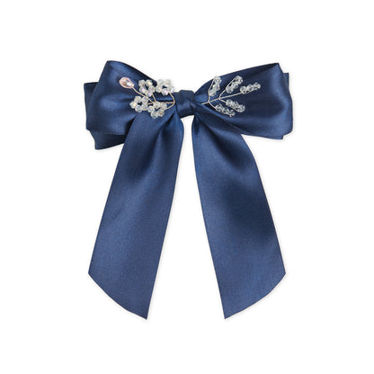 Satin Big Bow with Crystal Flowers on Barrette Clip – Navy Blue