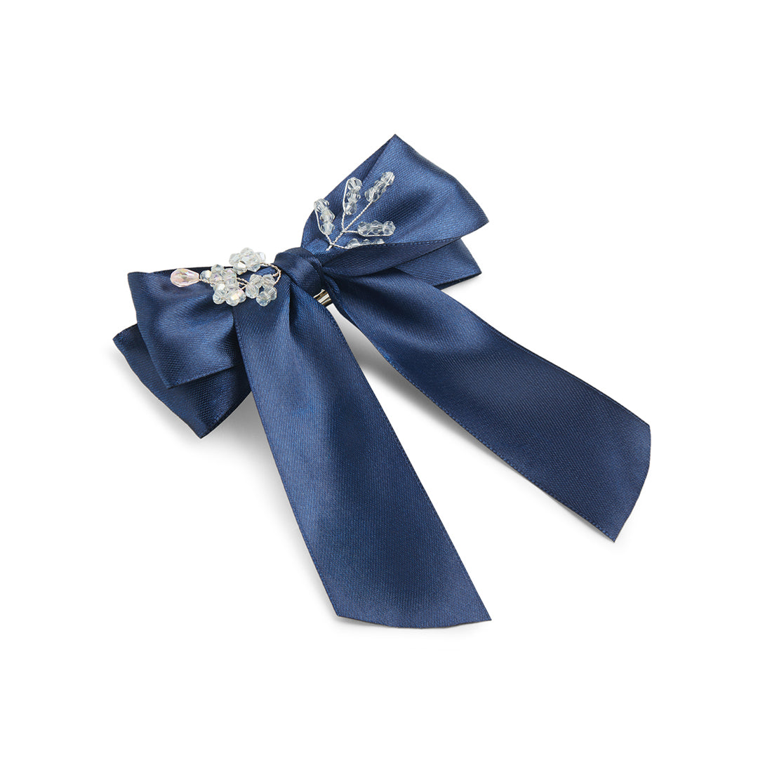 Satin Big Bow with Crystal Flowers on Barrette Clip – Navy Blue