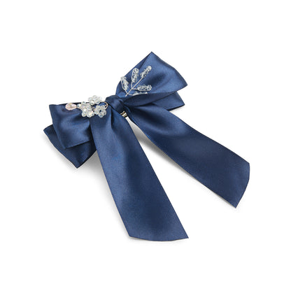 Satin Big Bow with Crystal Flowers on Barrette Clip – Navy Blue