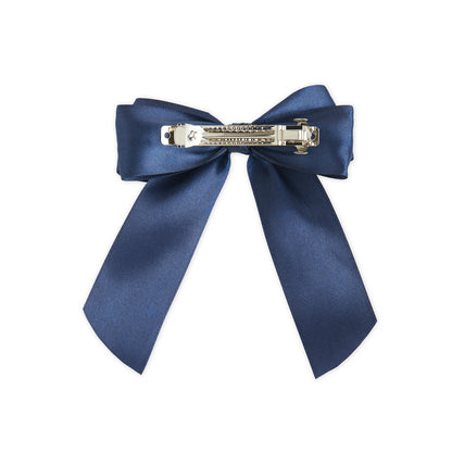 Satin Big Bow with Crystal Flowers on Barrette Clip – Navy Blue