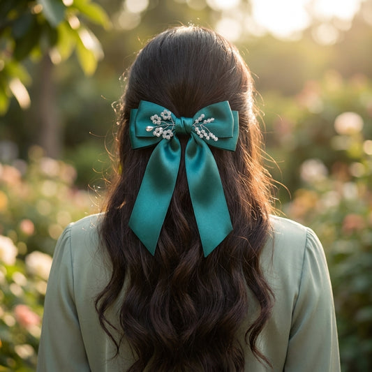 Satin Big Bow with Crystal Flowers on Barrette Clip – Dark Green