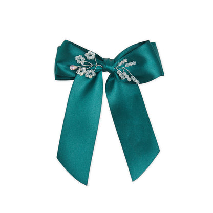 Satin Big Bow with Crystal Flowers on Barrette Clip – Dark Green