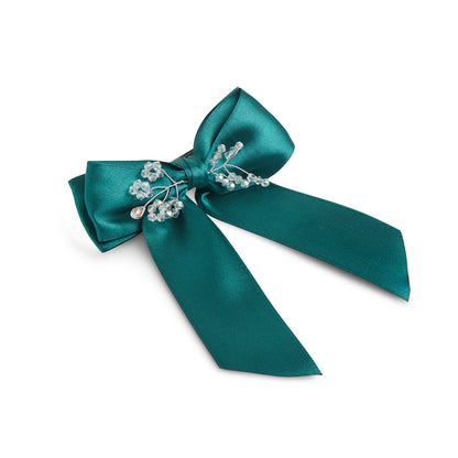Satin Big Bow with Crystal Flowers on Barrette Clip – Dark Green