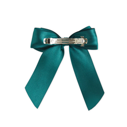 Satin Big Bow with Crystal Flowers on Barrette Clip – Dark Green