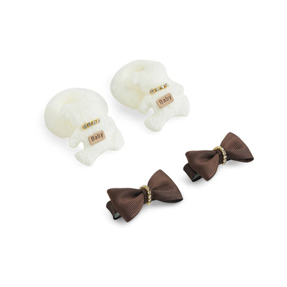 Pack of 1 Pair Super Soft Teddy Bear Rubberbands & 1 Pair Alligator Clips - Brown