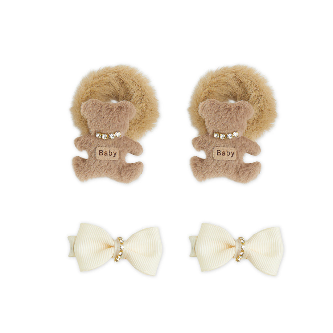 Pack of 1 Pair Super Soft Teddy Bear Rubberbands & 1 Pair Alligator Clips - Beige, Off White