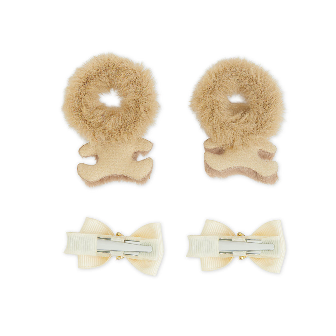 Pack of 1 Pair Super Soft Teddy Bear Rubberbands & 1 Pair Alligator Clips - Beige, Off White