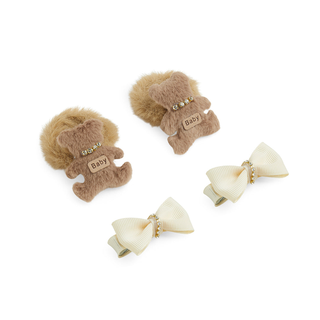 Pack of 1 Pair Super Soft Teddy Bear Rubberbands & 1 Pair Alligator Clips - Beige, Off White