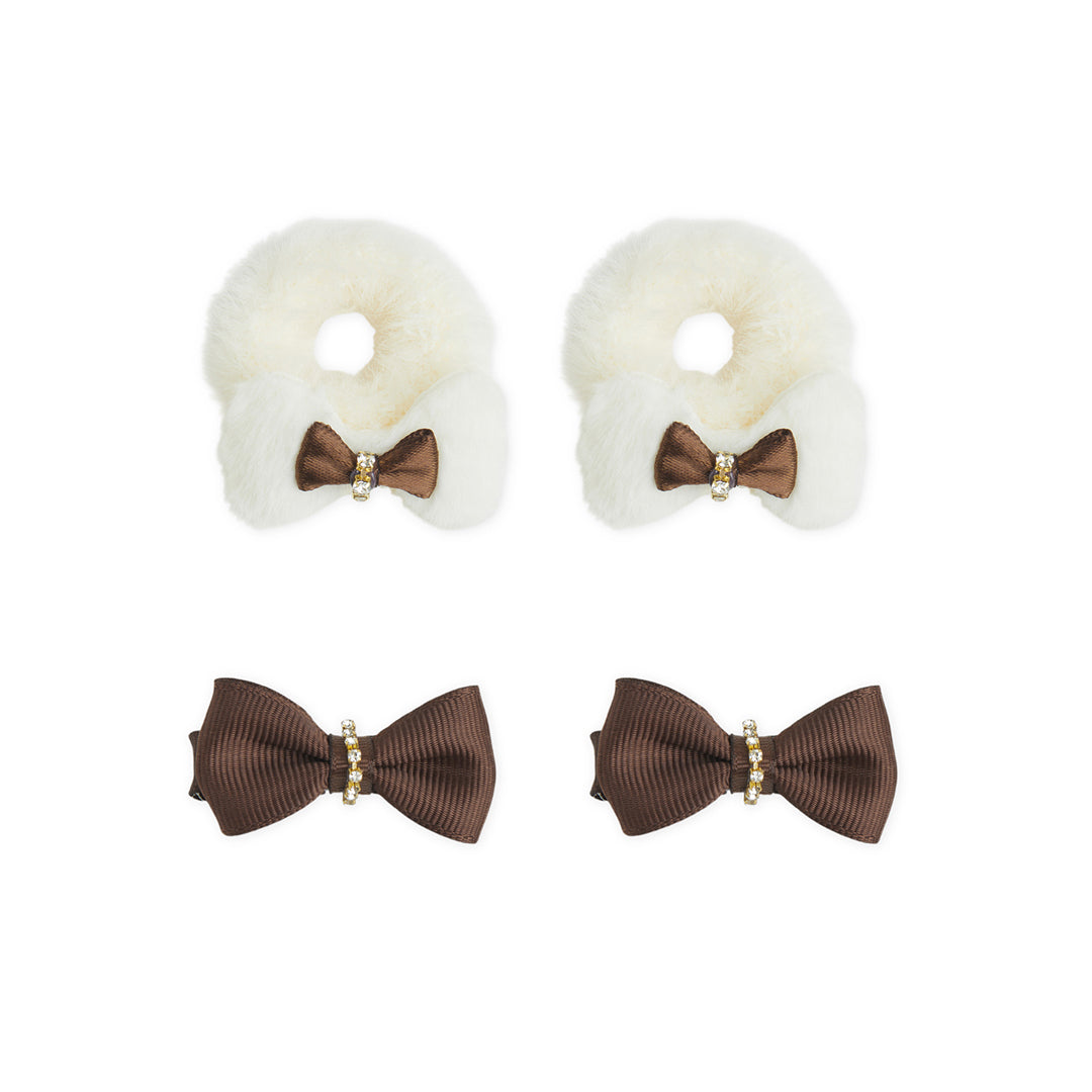 Pack of 1 Pair Super Soft Dual Bow Rubberbands & 1 Pair Alligator Clips - Off White, Brown