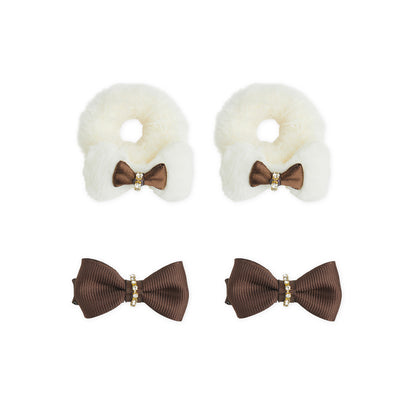 Pack of 1 Pair Super Soft Dual Bow Rubberbands & 1 Pair Alligator Clips - Off White, Brown