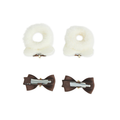 Pack of 1 Pair Super Soft Dual Bow Rubberbands & 1 Pair Alligator Clips - Off White, Brown
