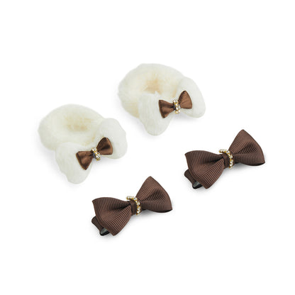 Pack of 1 Pair Super Soft Dual Bow Rubberbands & 1 Pair Alligator Clips - Off White, Brown
