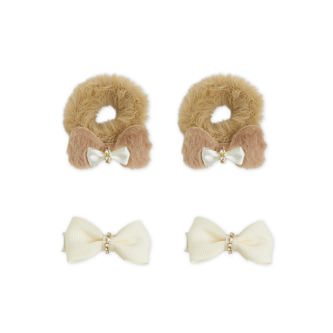 Pack of 1 Pair Super Soft Dual Bow Rubberbands & 1 Pair Alligator Clips - Beige, Off White