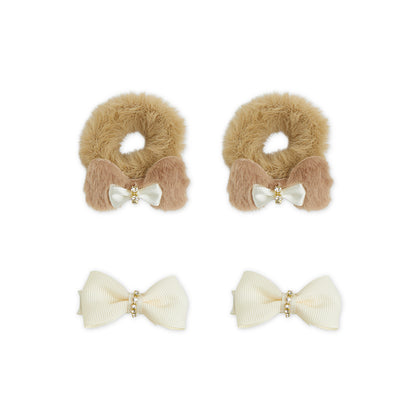 Pack of 1 Pair Super Soft Dual Bow Rubberbands & 1 Pair Alligator Clips - Beige, Off White