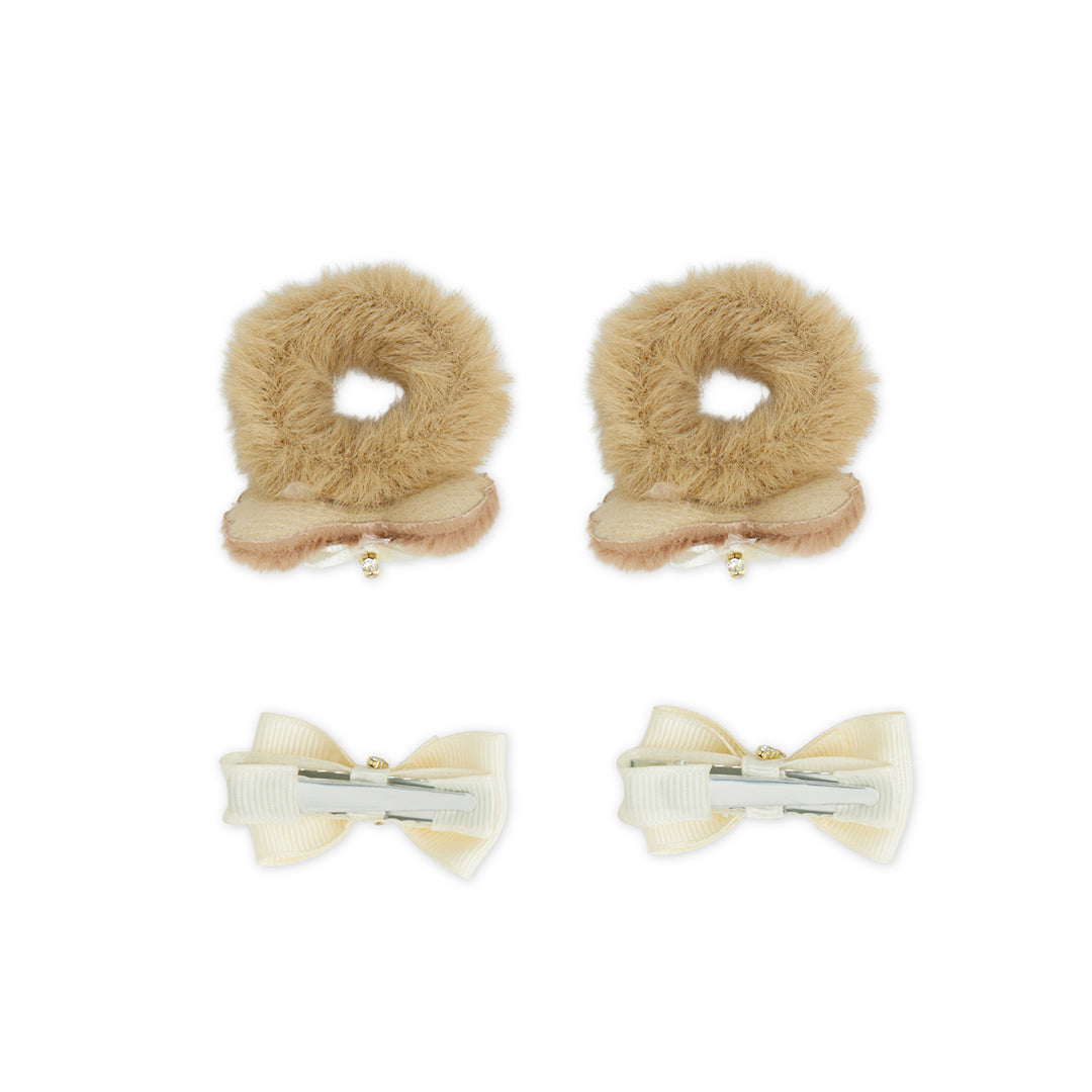 Pack of 1 Pair Super Soft Dual Bow Rubberbands & 1 Pair Alligator Clips - Beige, Off White