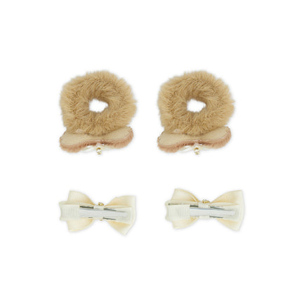 Pack of 1 Pair Super Soft Dual Bow Rubberbands & 1 Pair Alligator Clips - Beige, Off White
