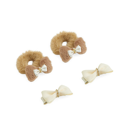 Pack of 1 Pair Super Soft Dual Bow Rubberbands & 1 Pair Alligator Clips - Beige, Off White