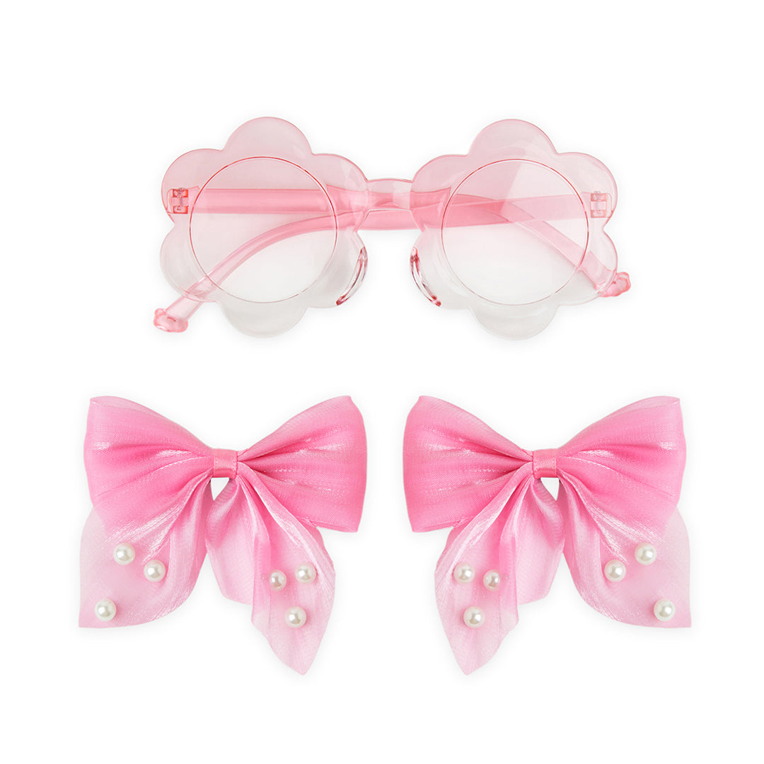 Pack of 1 Pair Shiny Bow Alligator Clips with Pearl Detailing & Matching Sunglasses – Pink