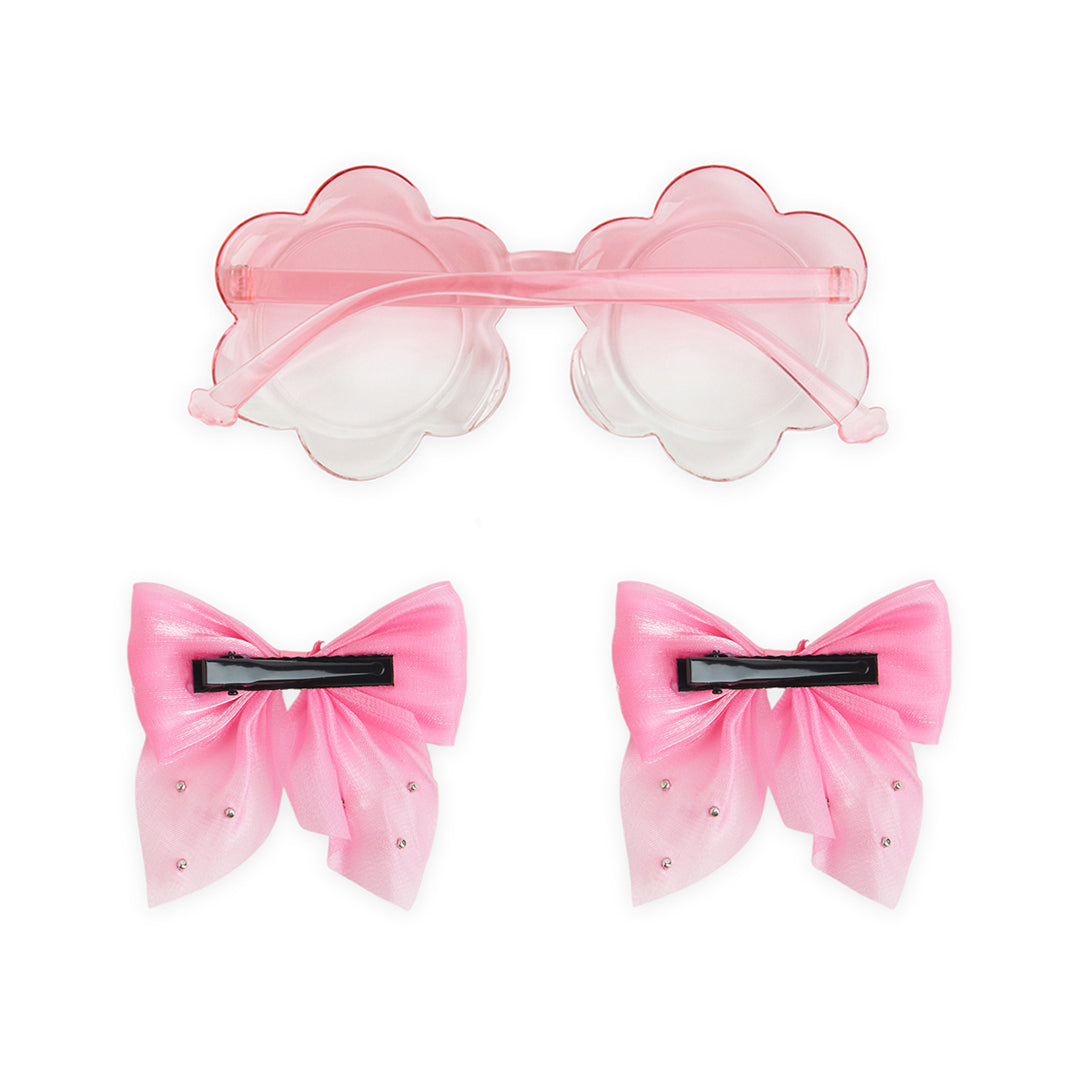 Pack of 1 Pair Shiny Bow Alligator Clips with Pearl Detailing & Matching Sunglasses – Pink