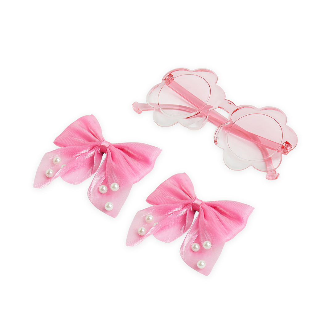 Pack of 1 Pair Shiny Bow Alligator Clips with Pearl Detailing & Matching Sunglasses – Pink