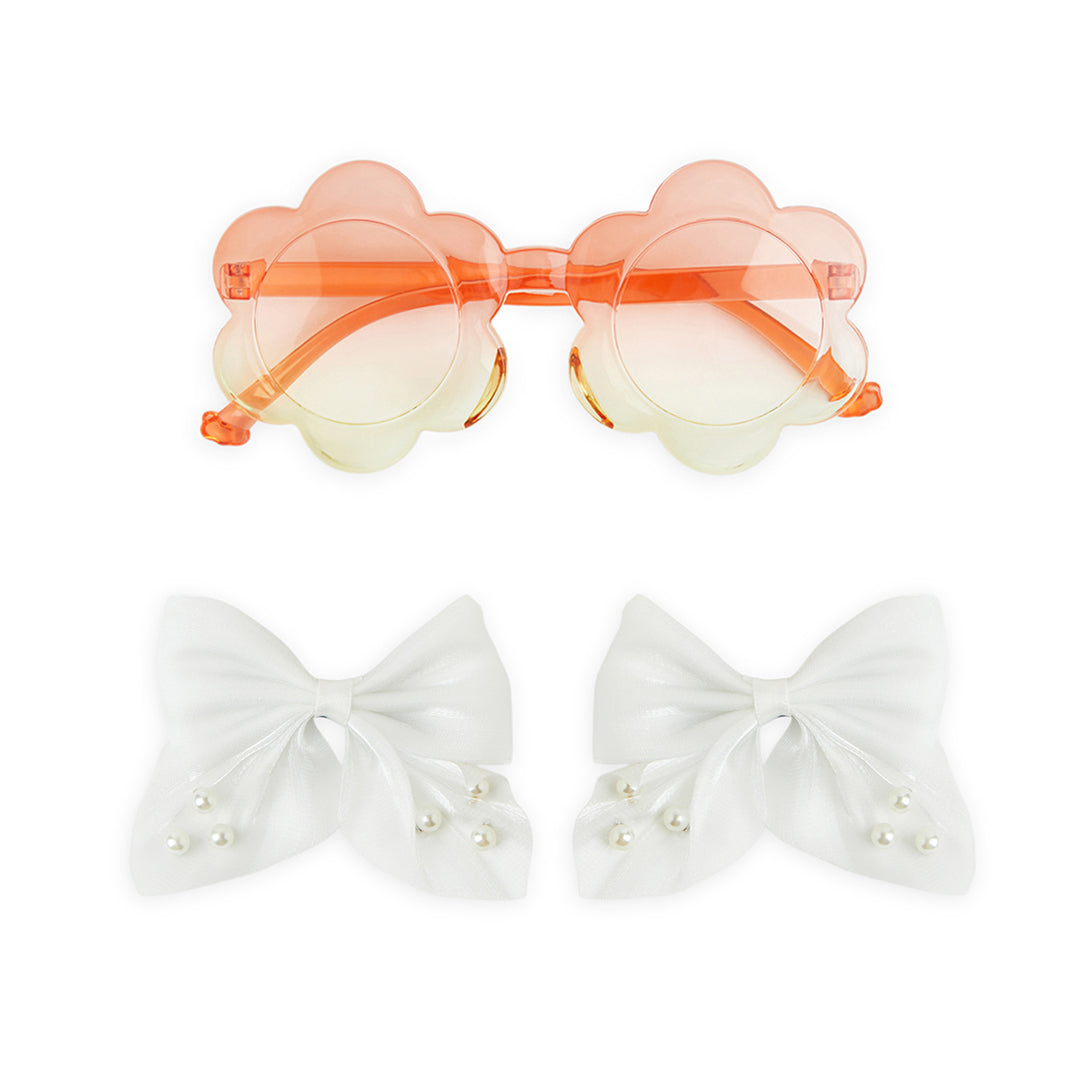 Pack of 1 Pair Shiny Bow Alligator Clips with Pearl Detailing & Matching Sunglasses – White