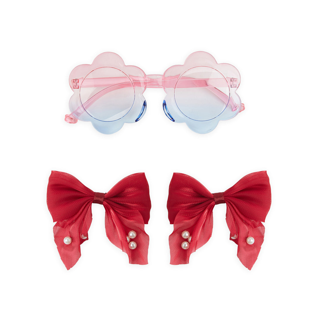 Pack of 1 Pair Shiny Bow Alligator Clips with Pearl Detailing & Matching Sunglasses – Red