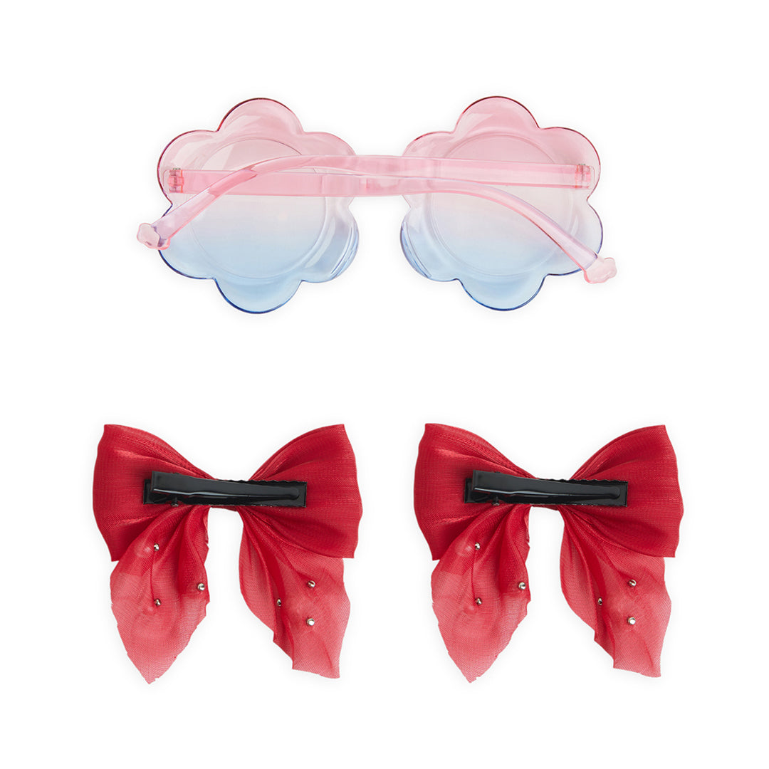 Pack of 1 Pair Shiny Bow Alligator Clips with Pearl Detailing & Matching Sunglasses – Red