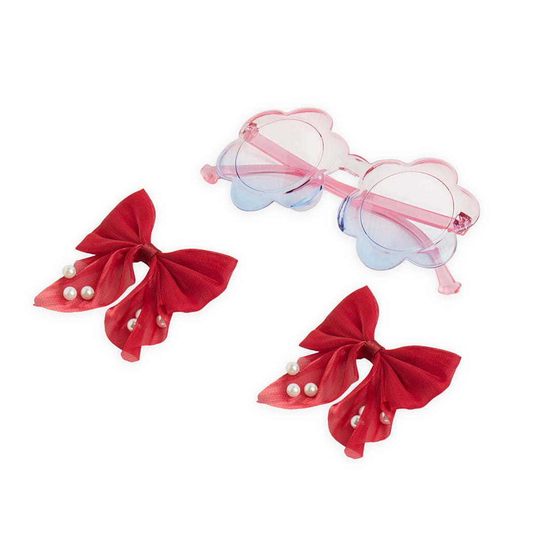 Pack of 1 Pair Shiny Bow Alligator Clips with Pearl Detailing & Matching Sunglasses – Red
