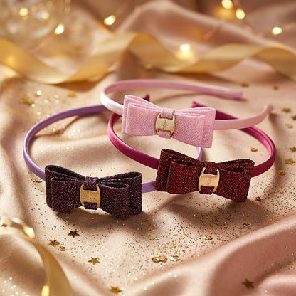 Pack of 3 Dainty Shiny Bow Hairbands – Maroon, Pink, Mageta