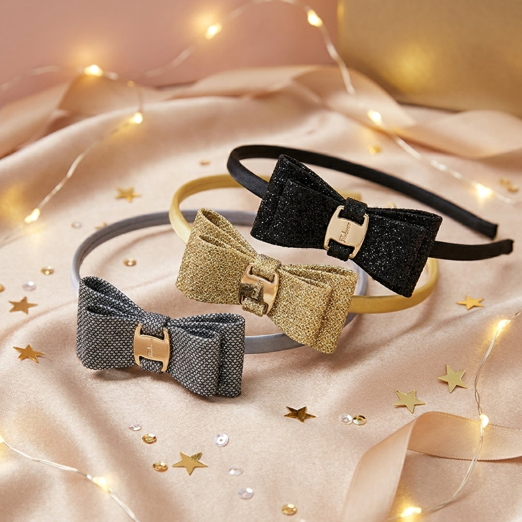 Pack of 3 Dainty Shiny Bow Hairbands – Grey, Black, Gold