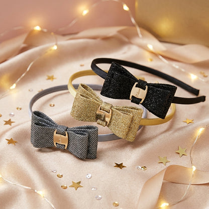Pack of 3 Dainty Shiny Bow Hairbands – Grey, Black, Gold