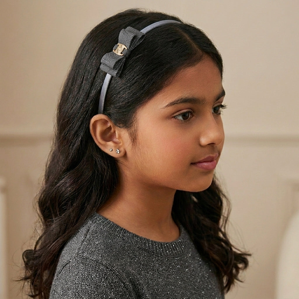 Pack of 3 Dainty Shiny Bow Hairbands – Grey, Black, Gold