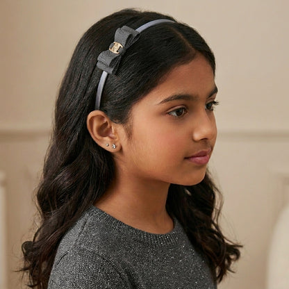 Pack of 3 Dainty Shiny Bow Hairbands – Grey, Black, Gold