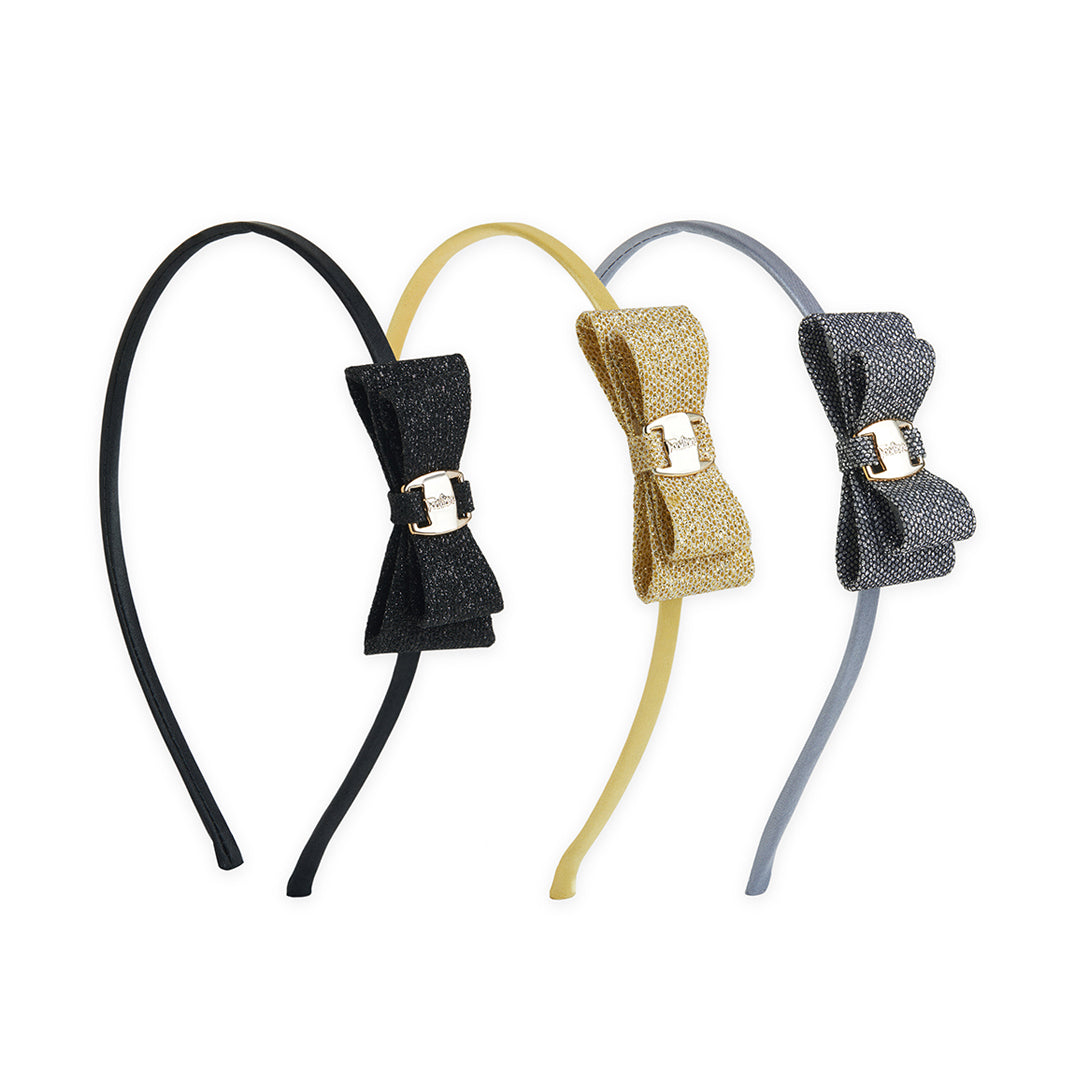 Pack of 3 Dainty Shiny Bow Hairbands – Grey, Black, Gold